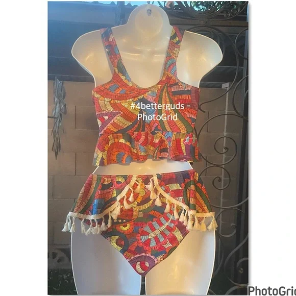 New Tankini Ruffle Colorful Abstract Graphic Boho Print Tassel Swimsuit Medium - Picture 5 of 16